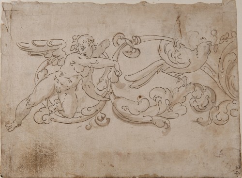 Decoration of Scrolls with a small Angel and a Bird - Spanish School, 16th century