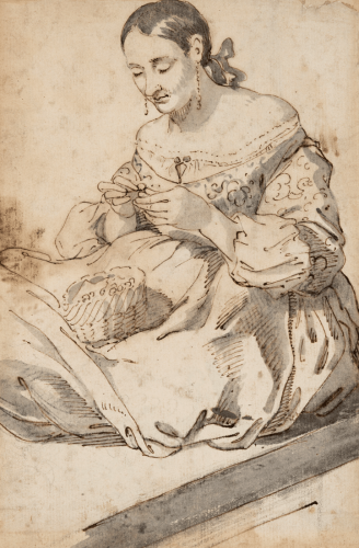 Lady sewing - Madrid School, 17th century