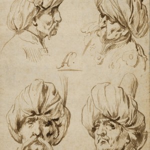 Study of the heads of four oriental characters wearing turbans -  